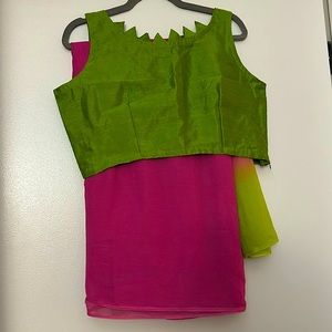 Pink and Green georgette pre pleated saree